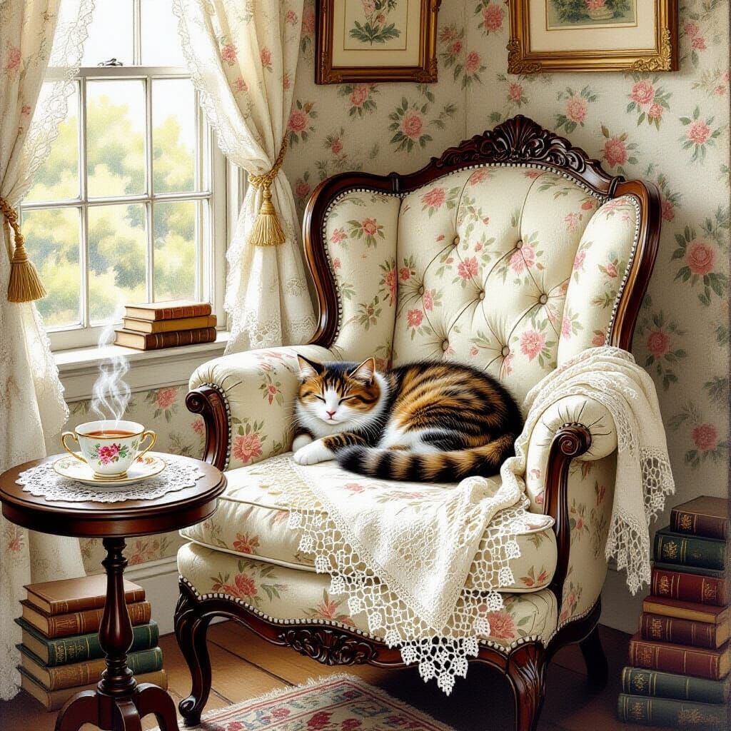 Vintage Armchair with Kitten in Cozy Room