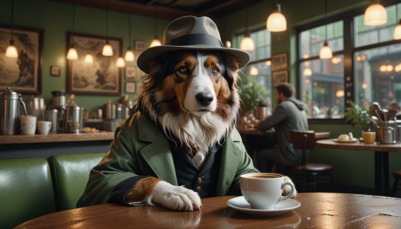 Hyperrealistic Collie in a Chic Coffee Shop Scene