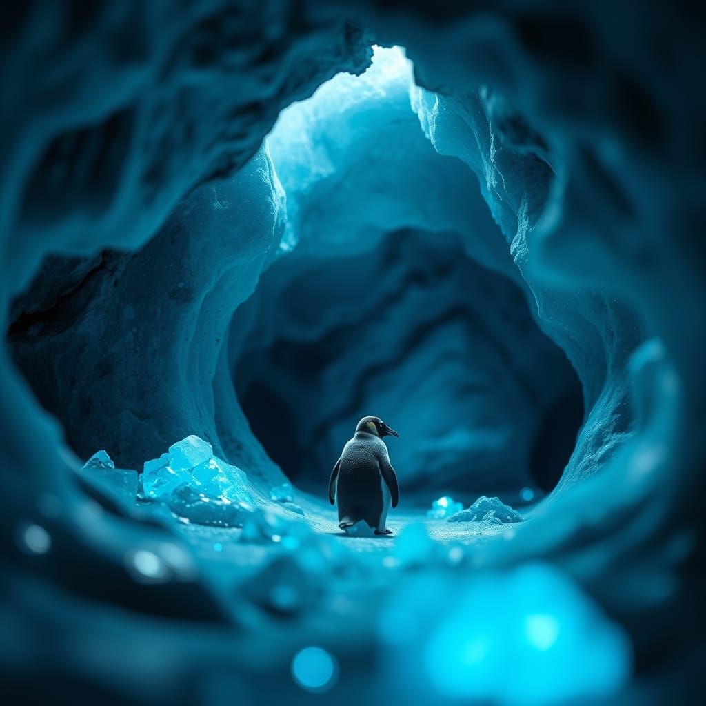 Penguin Explorer in Bioluminescent Ice Cave