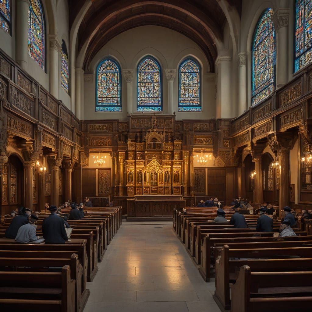 Traditional Jewish Synagogue Scene in Warm, Realistic Style