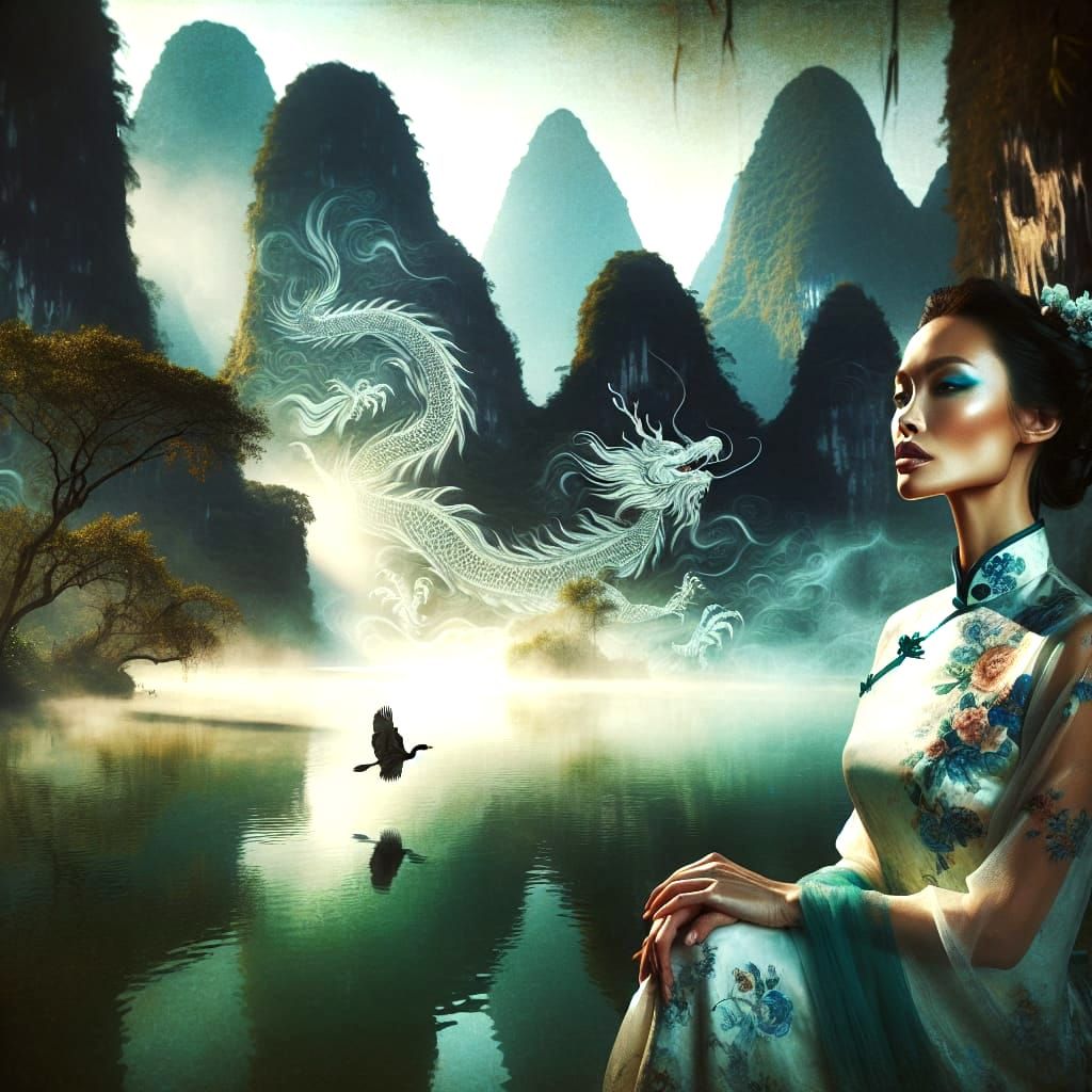Ethereal Asian Fantasy Portrait with Dragon Silhouette