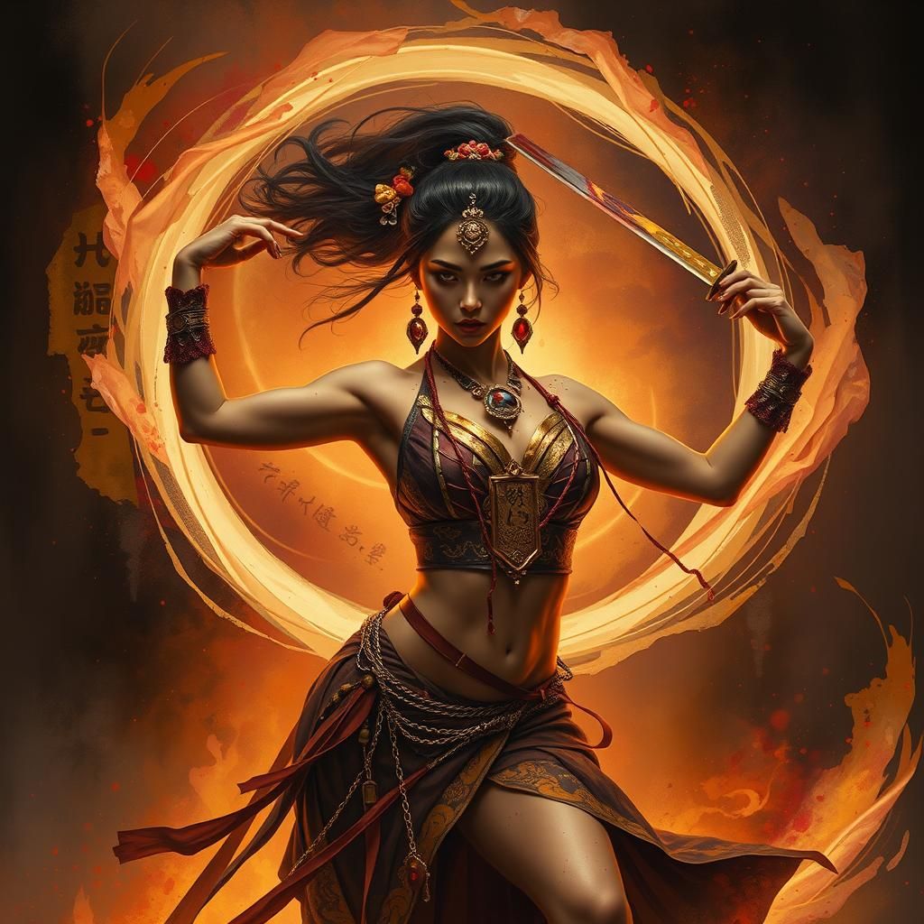 Female Samurai with Bloodied Katana: Mixed Media Collage