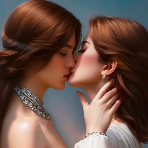 Two Women Kissing with Engagement Ring as Impasto Painting