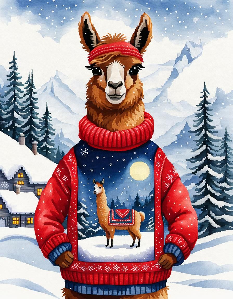Llama in Red Jumper Cross-Stitch Illustration