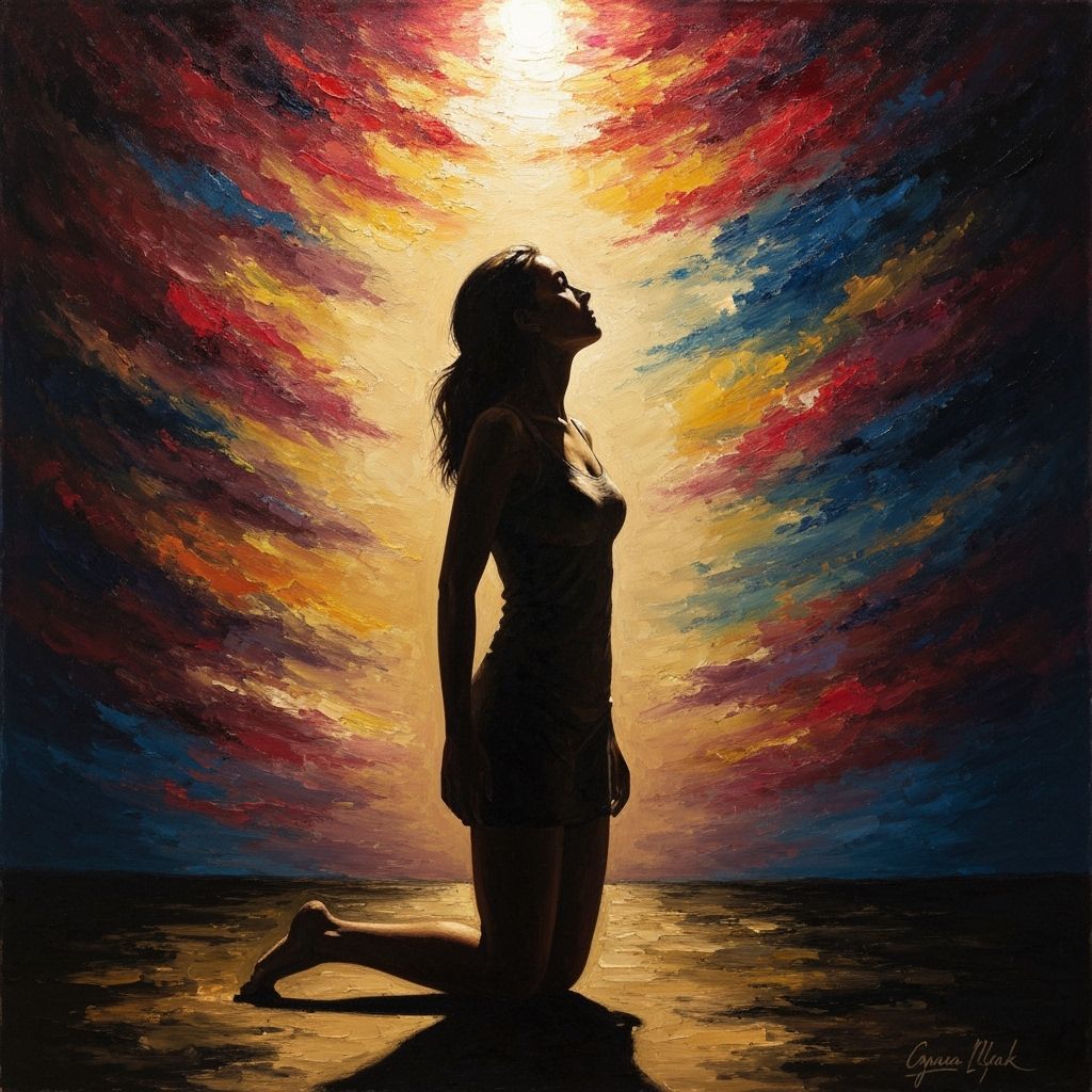 Resolute Woman Rises Against Turbulent Sky