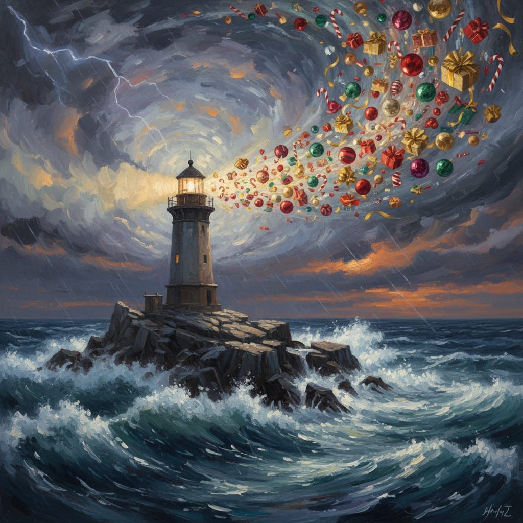 Lighthouse Emits Christmas Vortex Over Stormy Sea