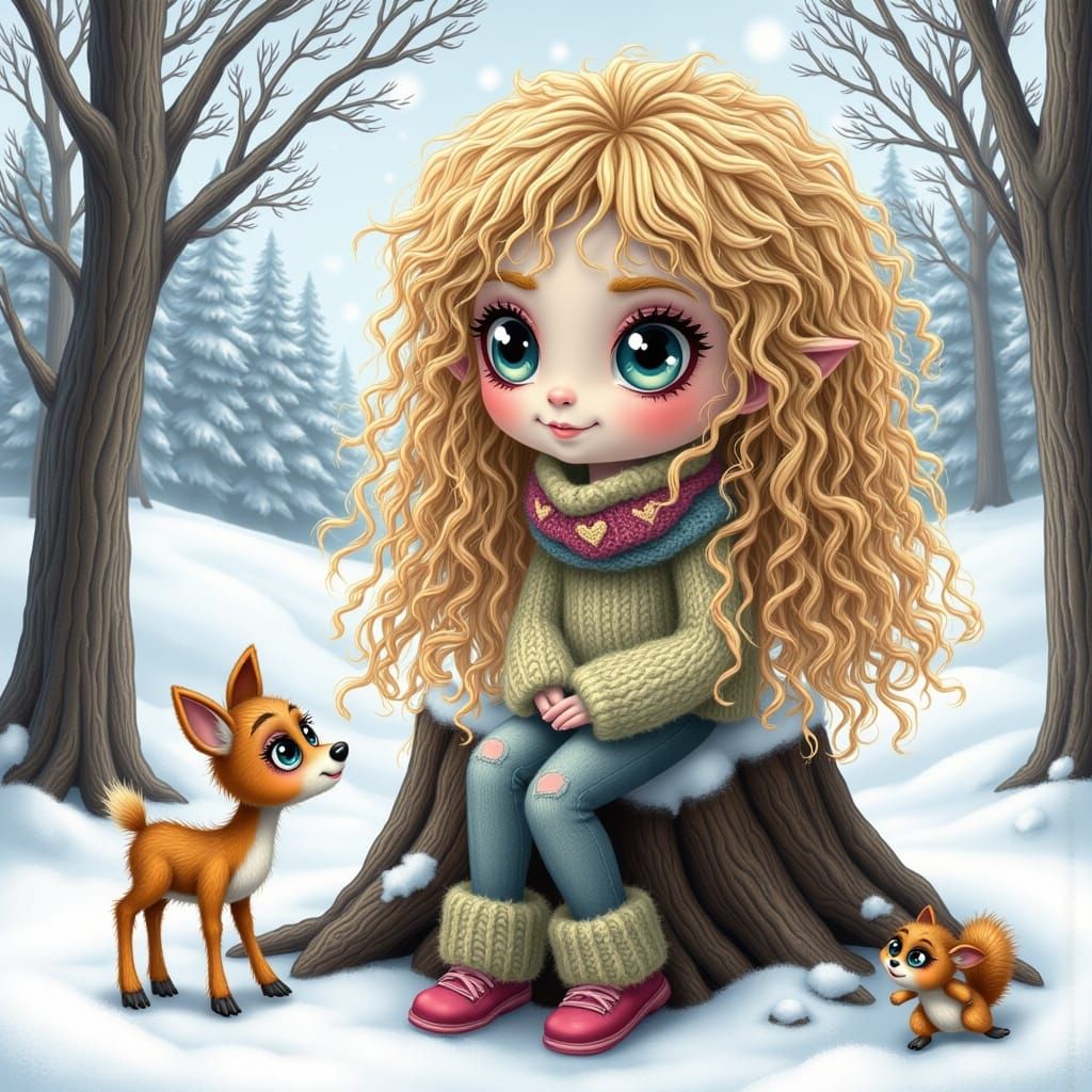 Whimsical Girl Feeding Deer in Snowy Forest Sketch