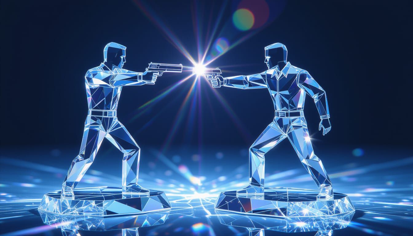 Crystal Sculpture of Tense Confrontation in Dramatic Light