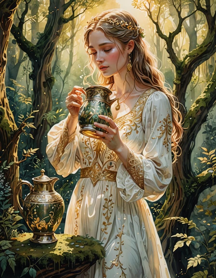 Woman in Forest Drinking Water, Watercolor Illustration