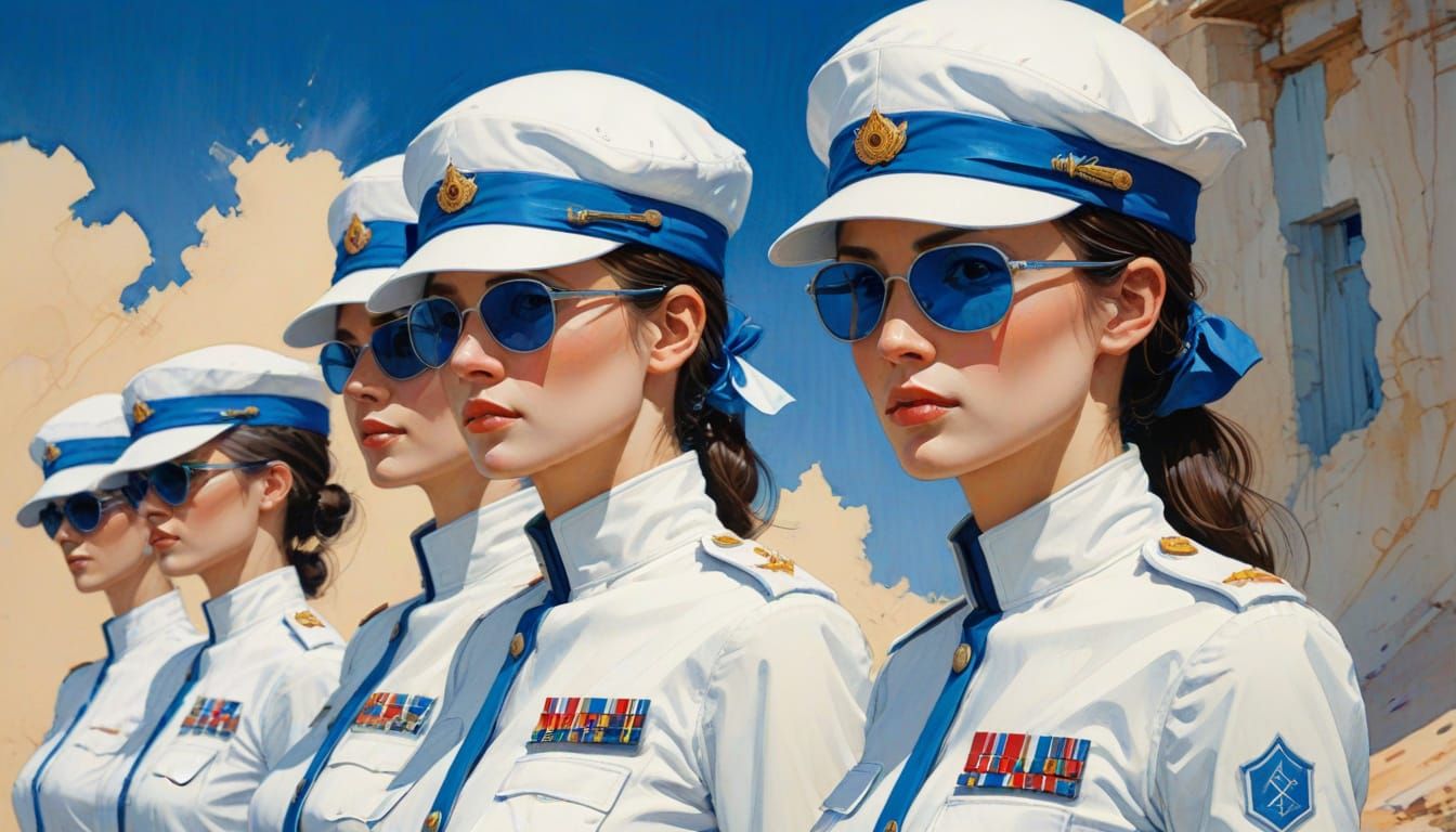 Women in White Uniforms in Gouache Moebius Style