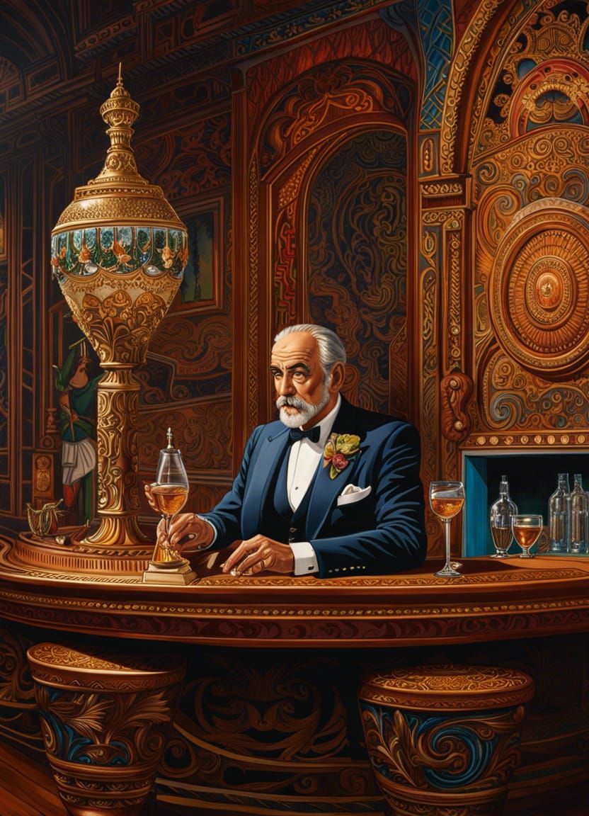 Sean Connery Sipping Martini in Art Nouveau Style