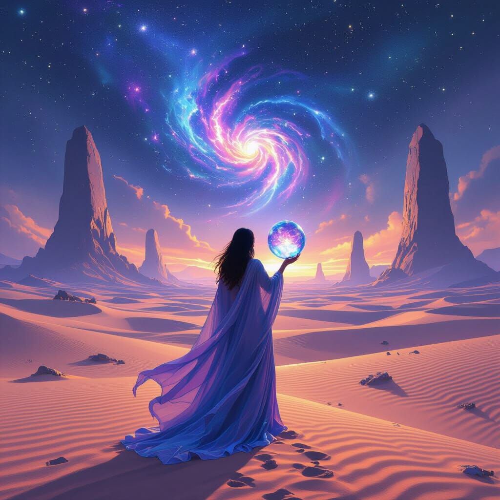 Woman with Crystal Ball in Cosmic Desert