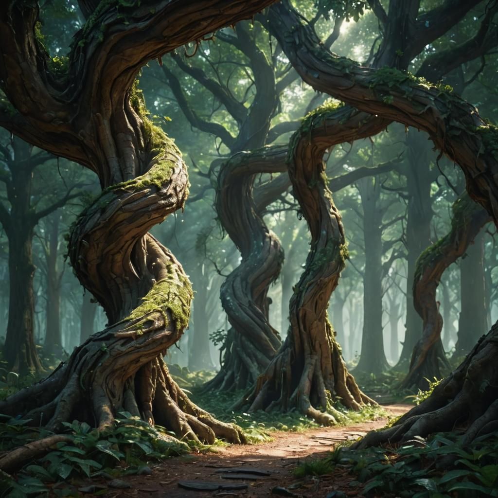 Enchanted Forest: Hyperrealistic Spiral Tree Digital Art