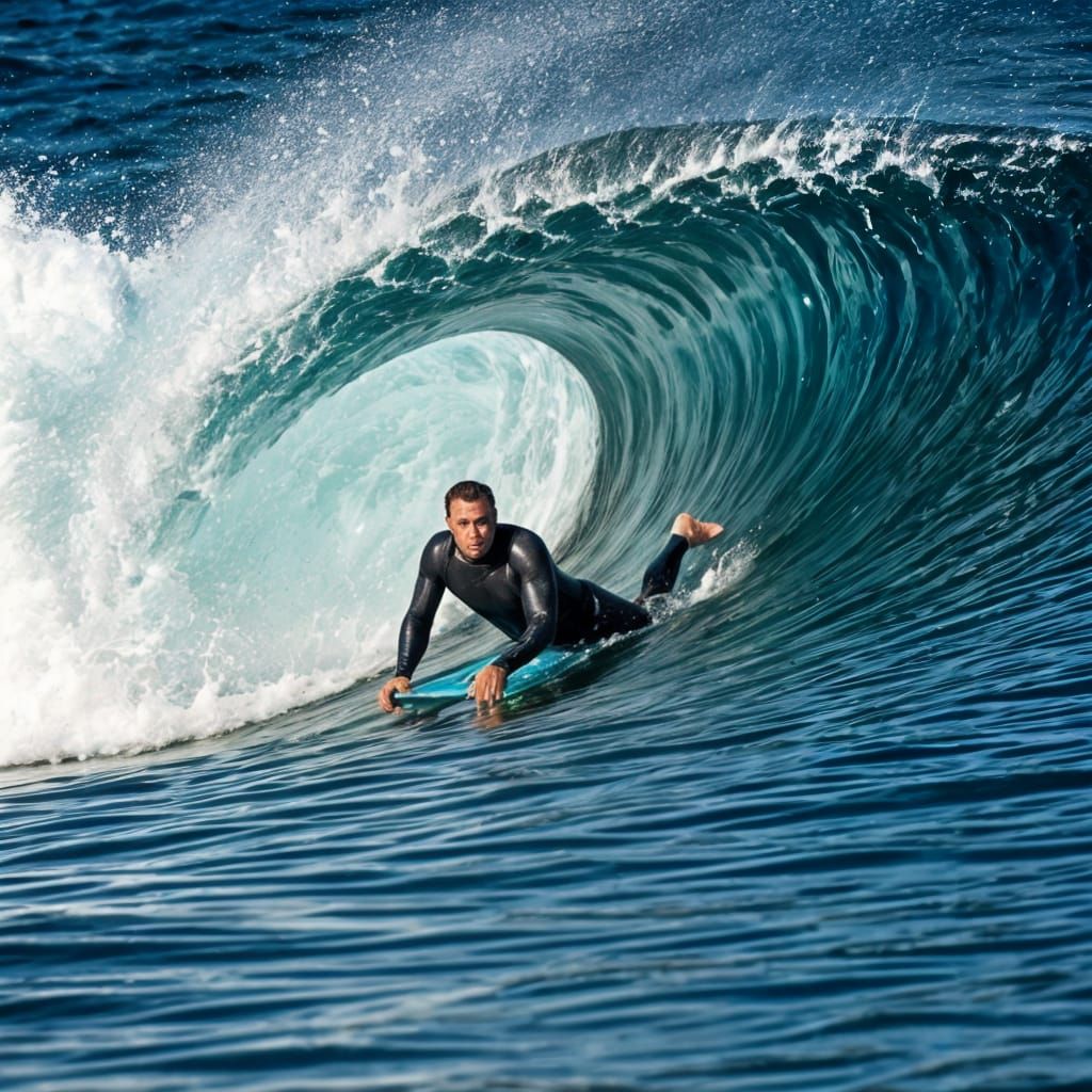 Man Bodyboarding Crushing Wave in Photorealistic Style