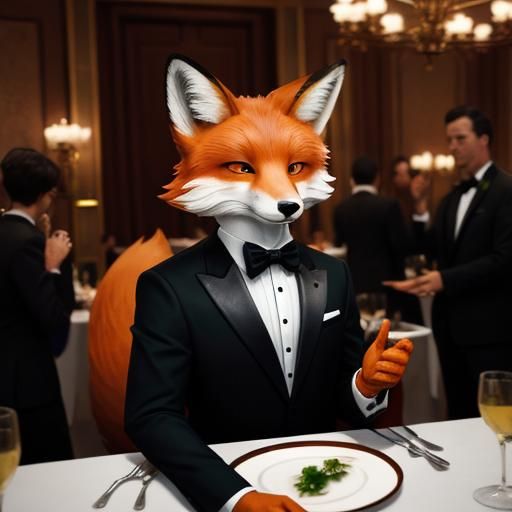 Fox in Tuxedo at Dinner Party