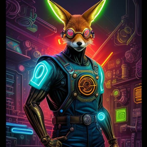 Neon Cyberpunk Robot Rabbit Fox in Comic Book Style