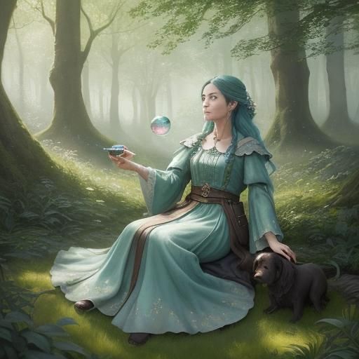 Girl and Dog in Forest: Dreamy Watercolor Fantasy