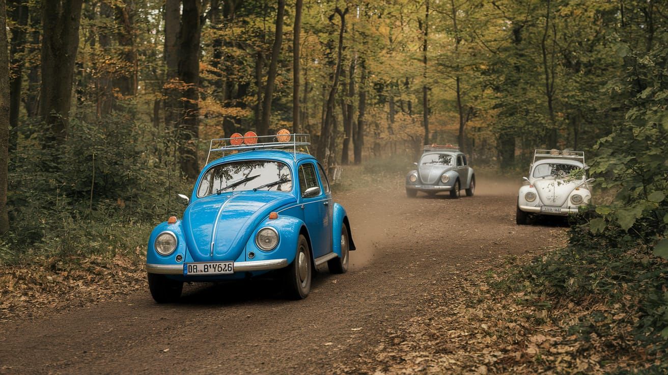 Volkswagen Beetle Cars in an off-road Rally Race in the Black Forest,