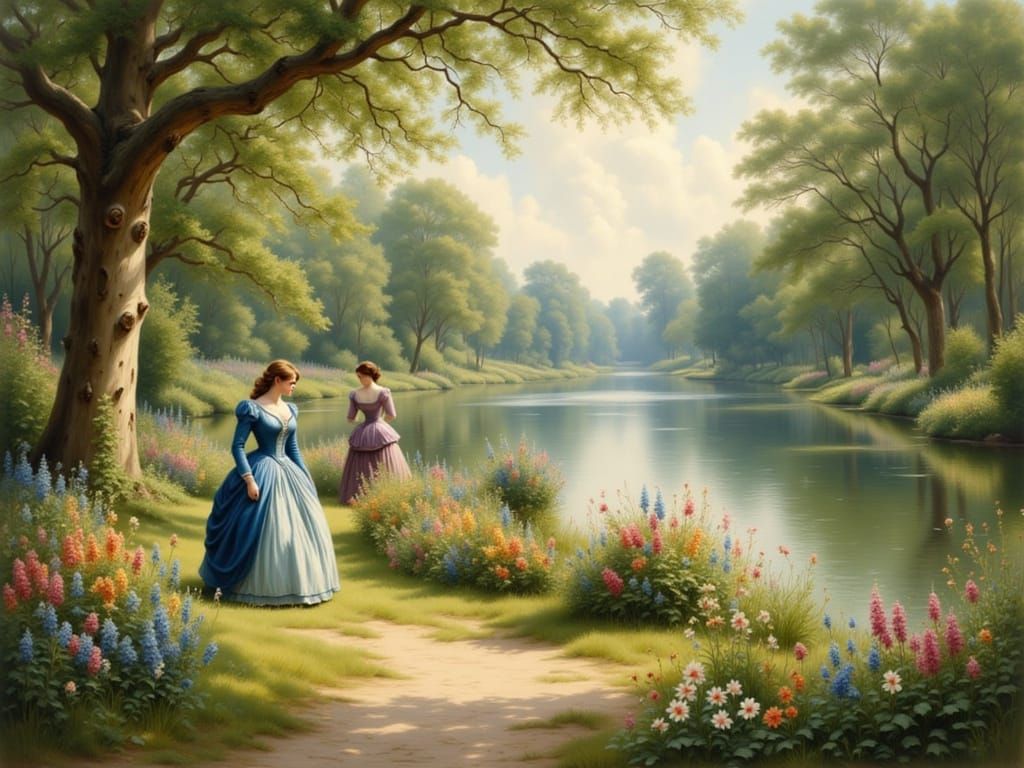 Victorian Park Scene in Oil Painting Style