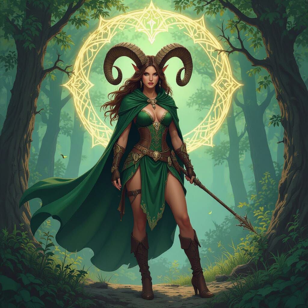 Huntress with Aries Symbol in Mystical Forest