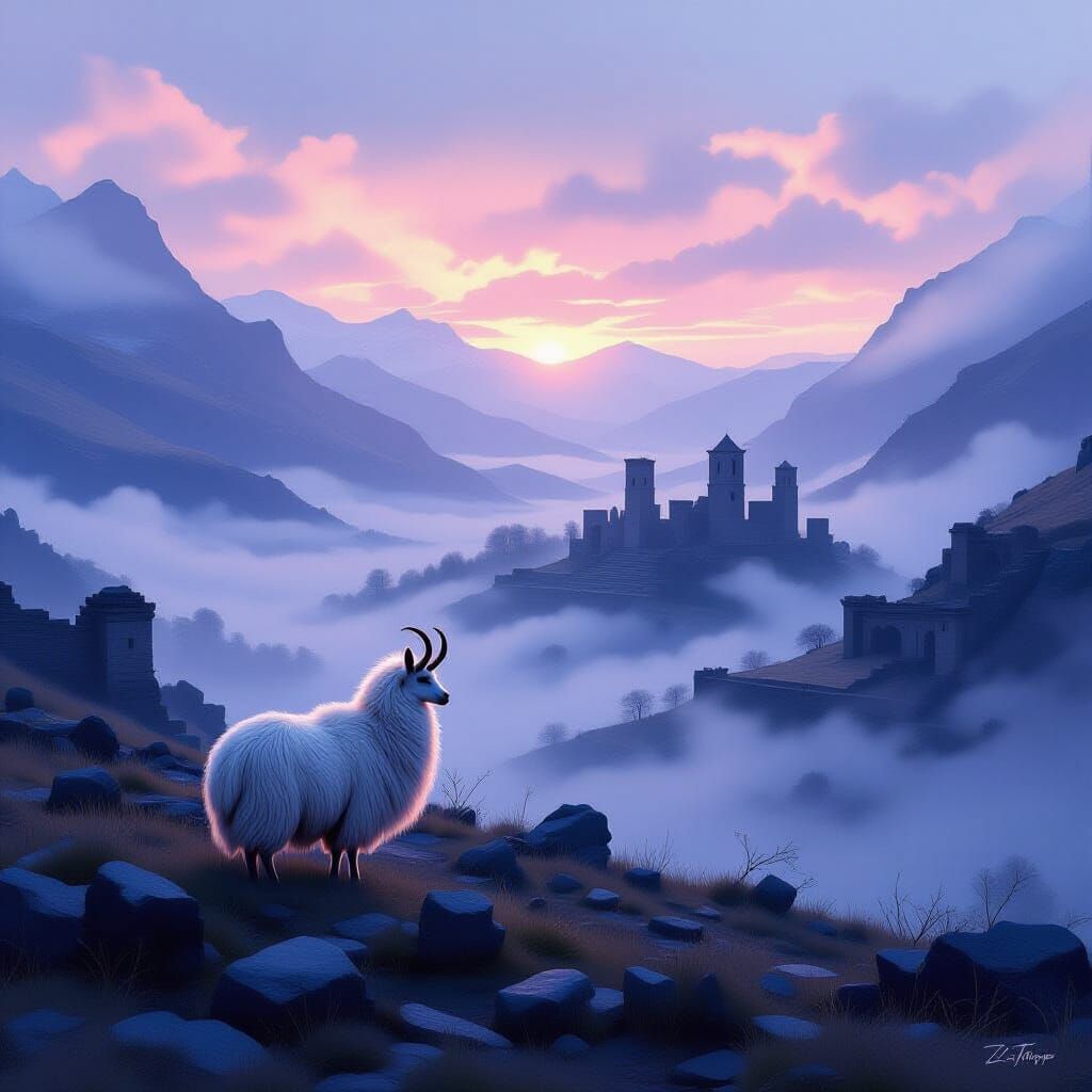 Vicuña Silhouetted in Misty Valley at Twilight