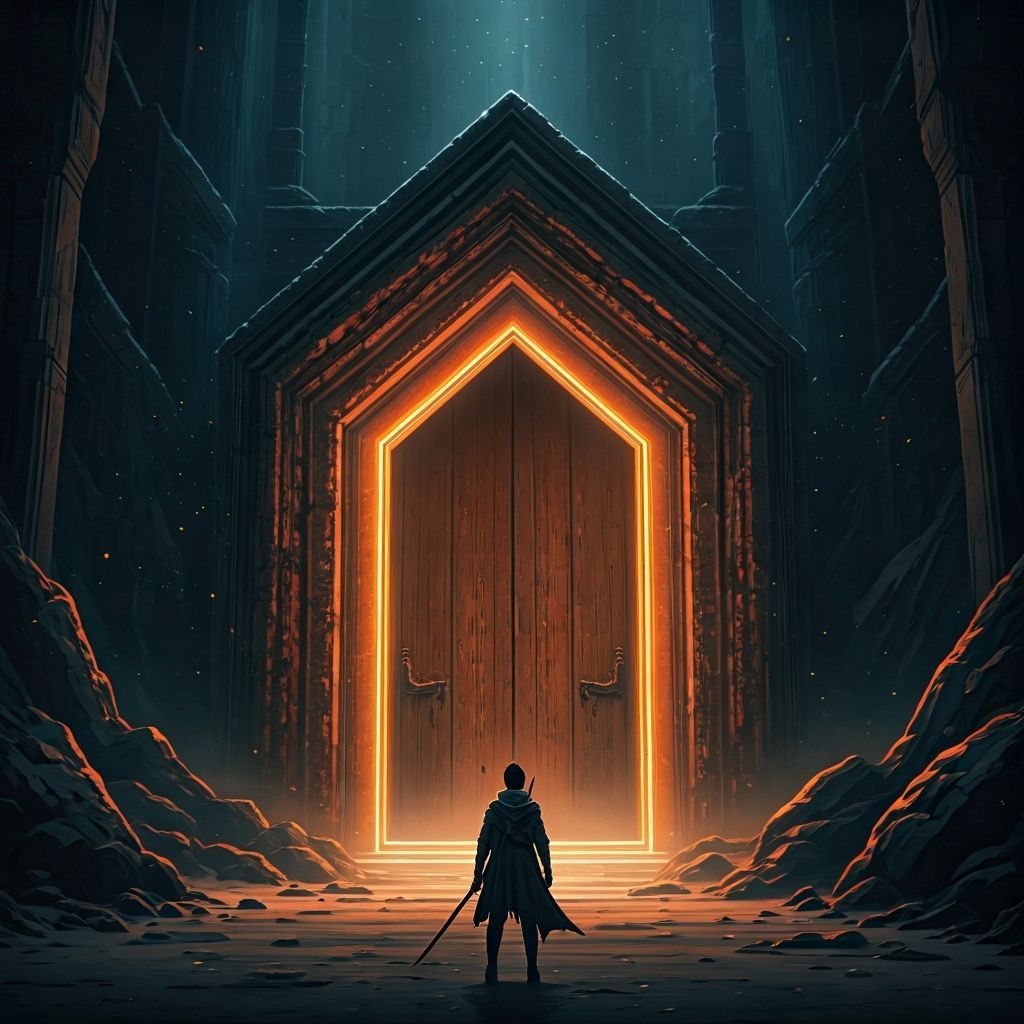 Lone Character Before Giant Doorway