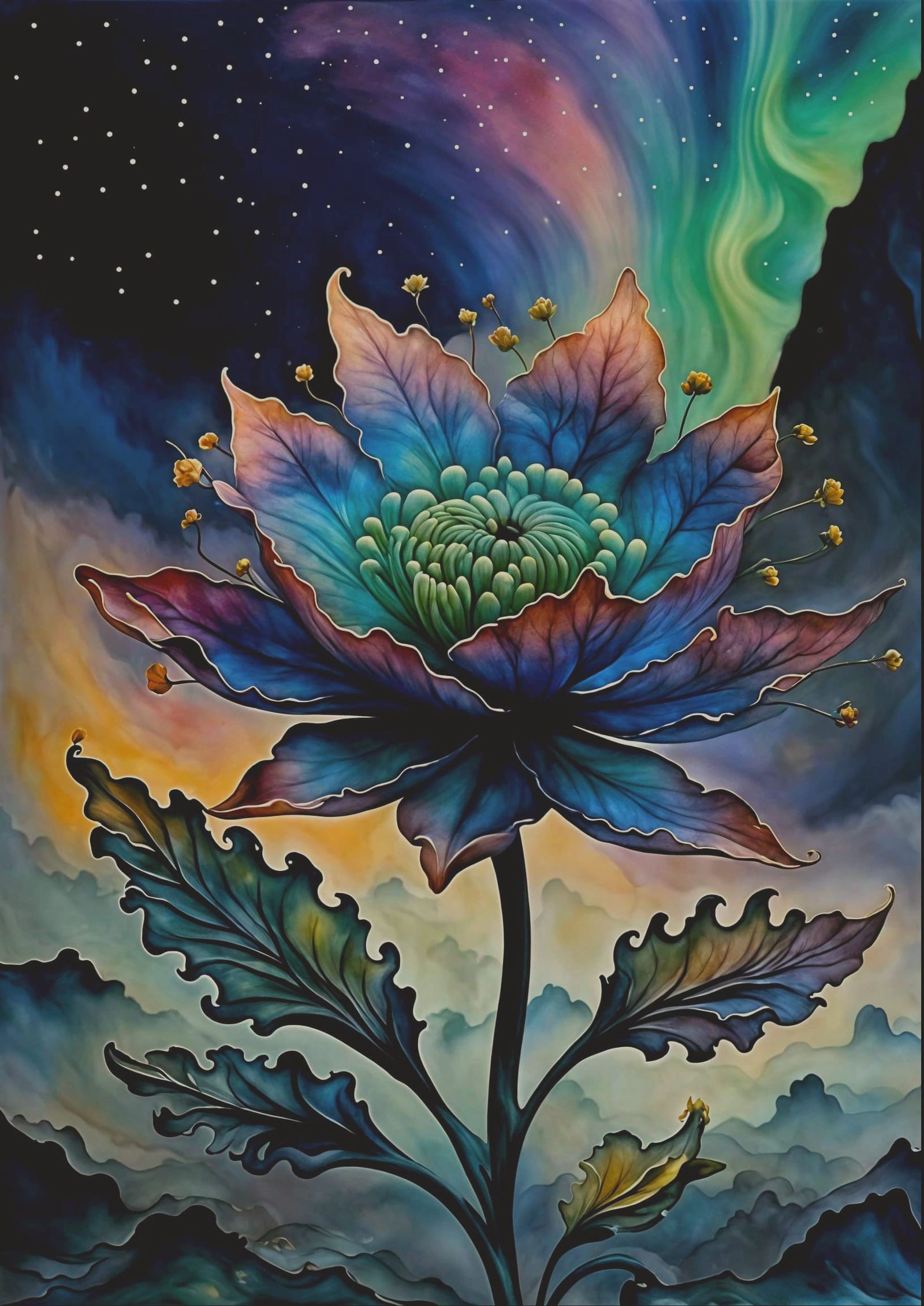 Surreal Botanical Flower in Ethereal Mist with Encaustic Tex...