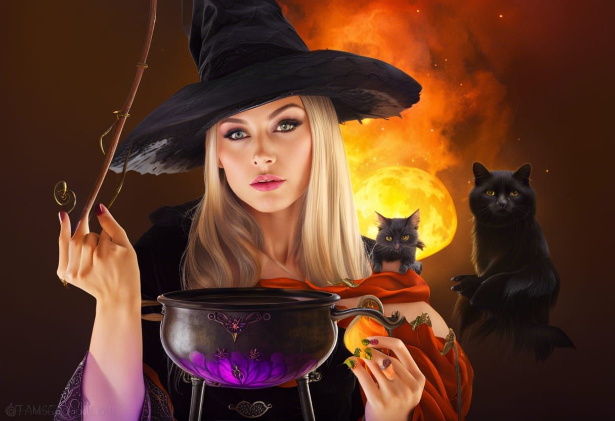 Enchanting Witch Preparing Potion in Cauldron