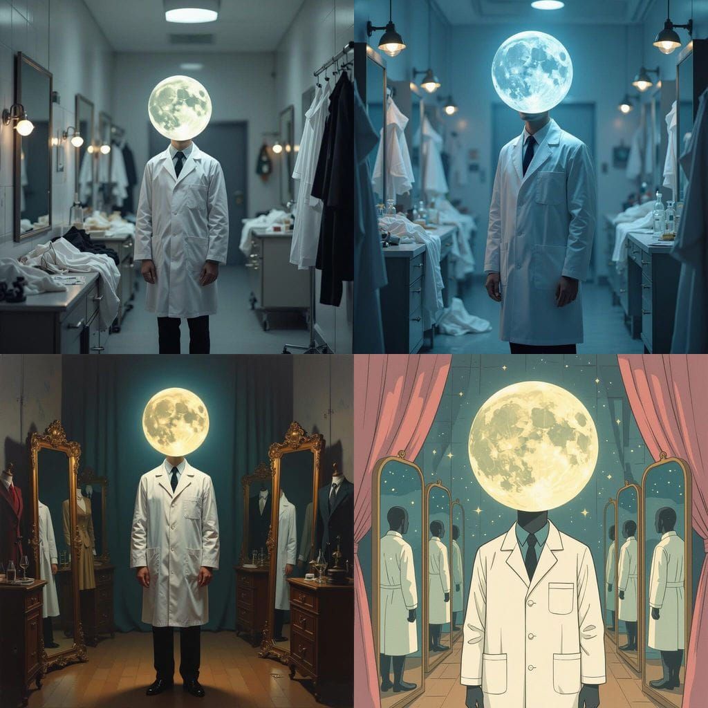 Scientist with Moon Head Backstage in Surreal Art Style