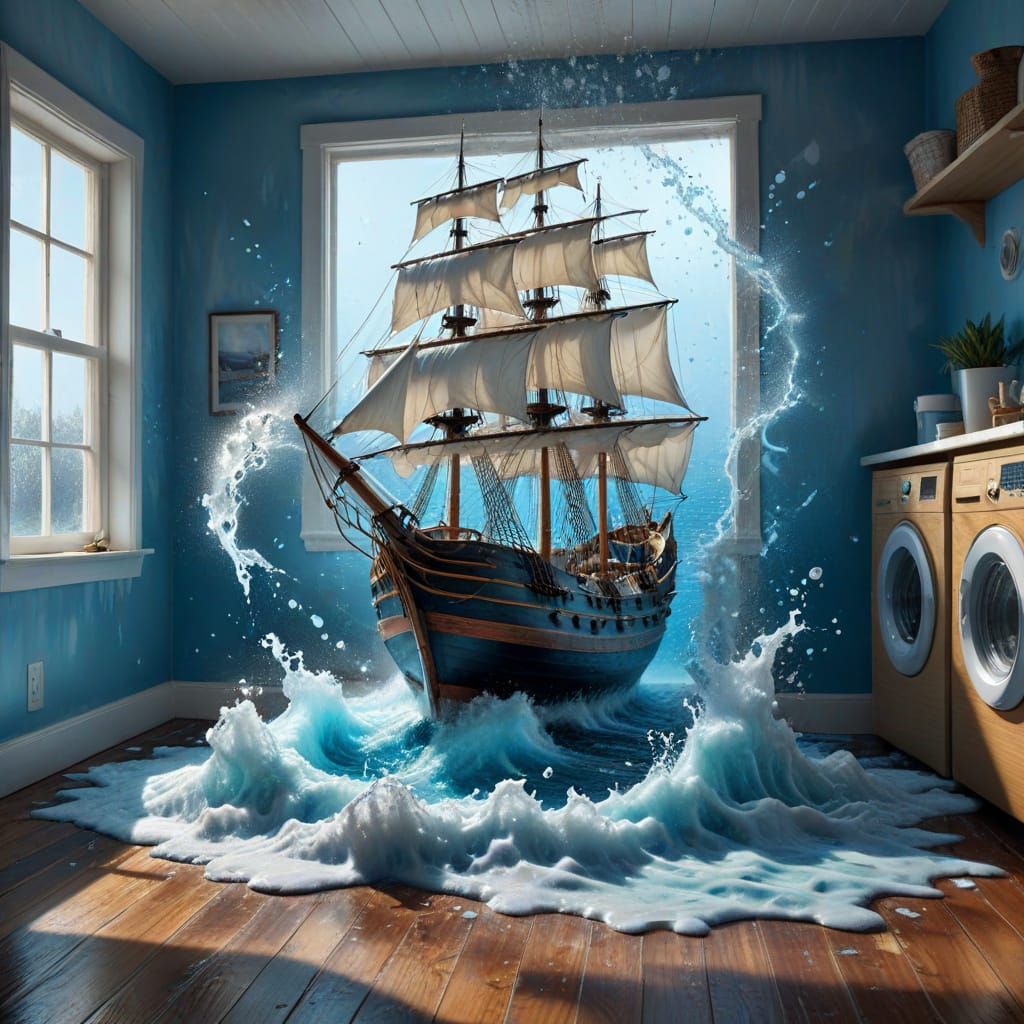 Surreal Sailing Ship Emerges from Washing Machine in Fantasy...