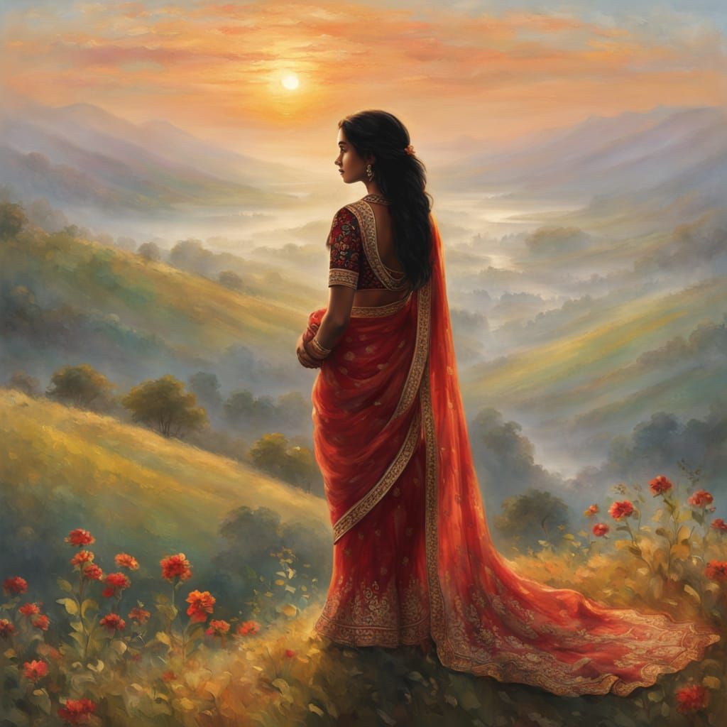 Ethereal Indian Beauty Against Sunrise Landscape