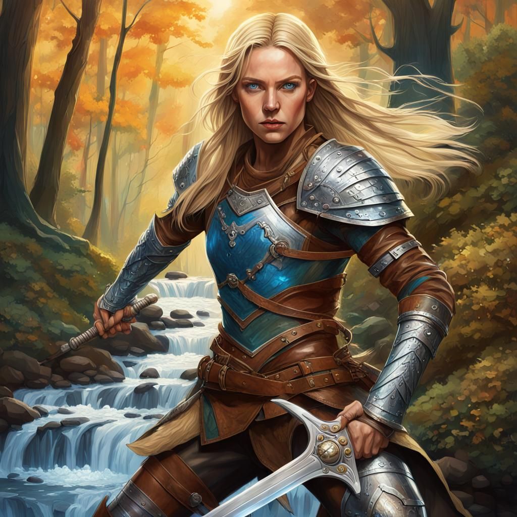 Beautiful Female Warrior in Forest, Hyperrealistic Concept A...