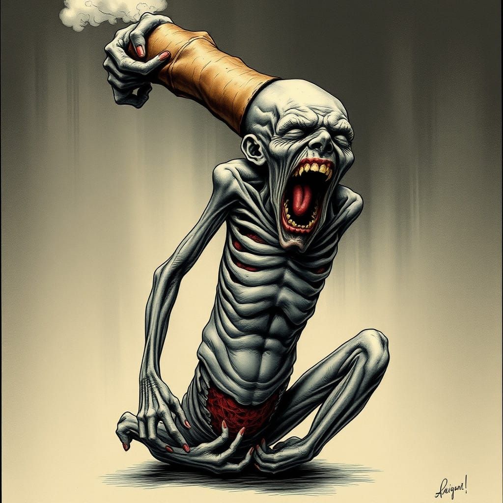 Surreal Horror Figure Transformed into a Cigarette Shape