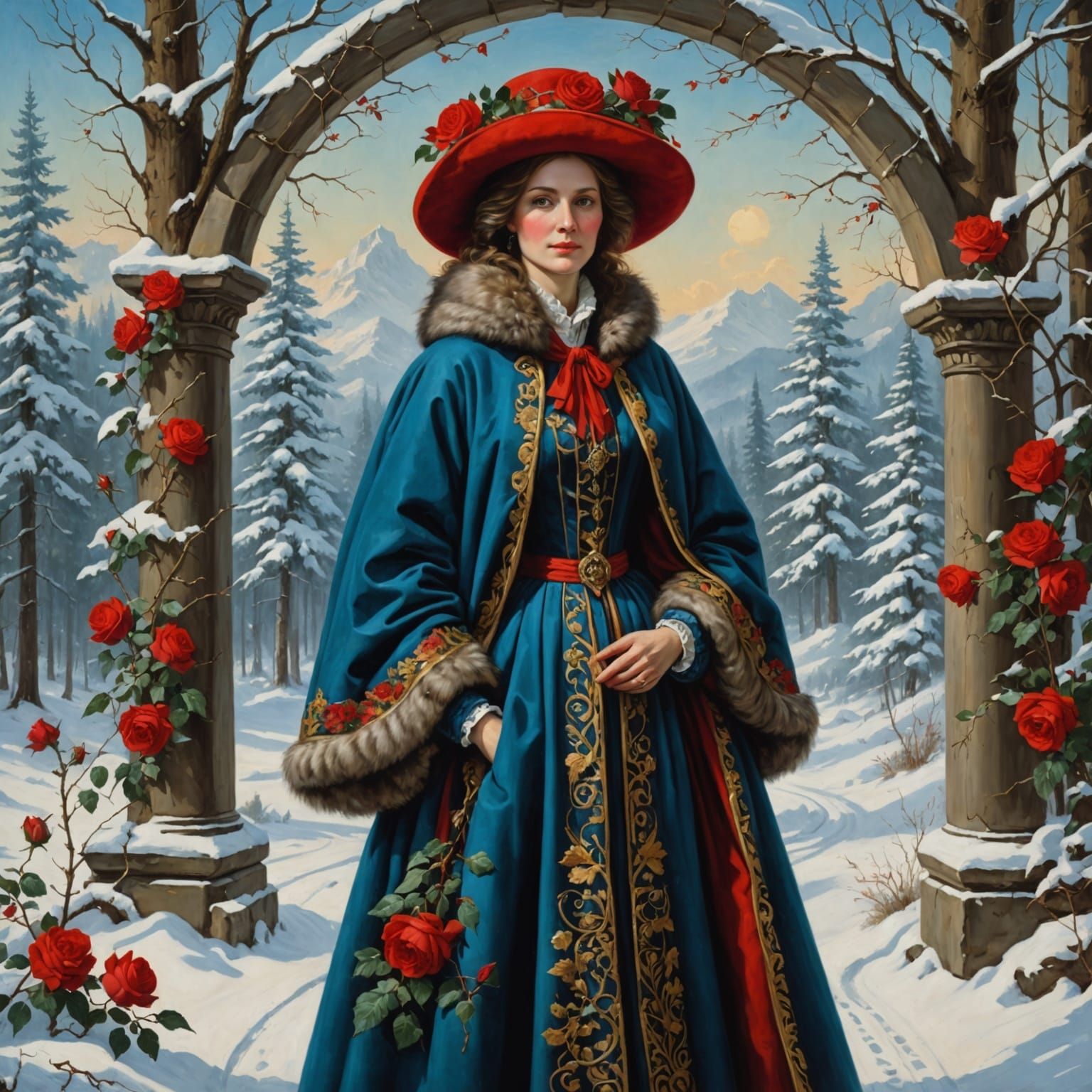 Lady in Blue Fur Coat, Raphael Style Oil Painting
