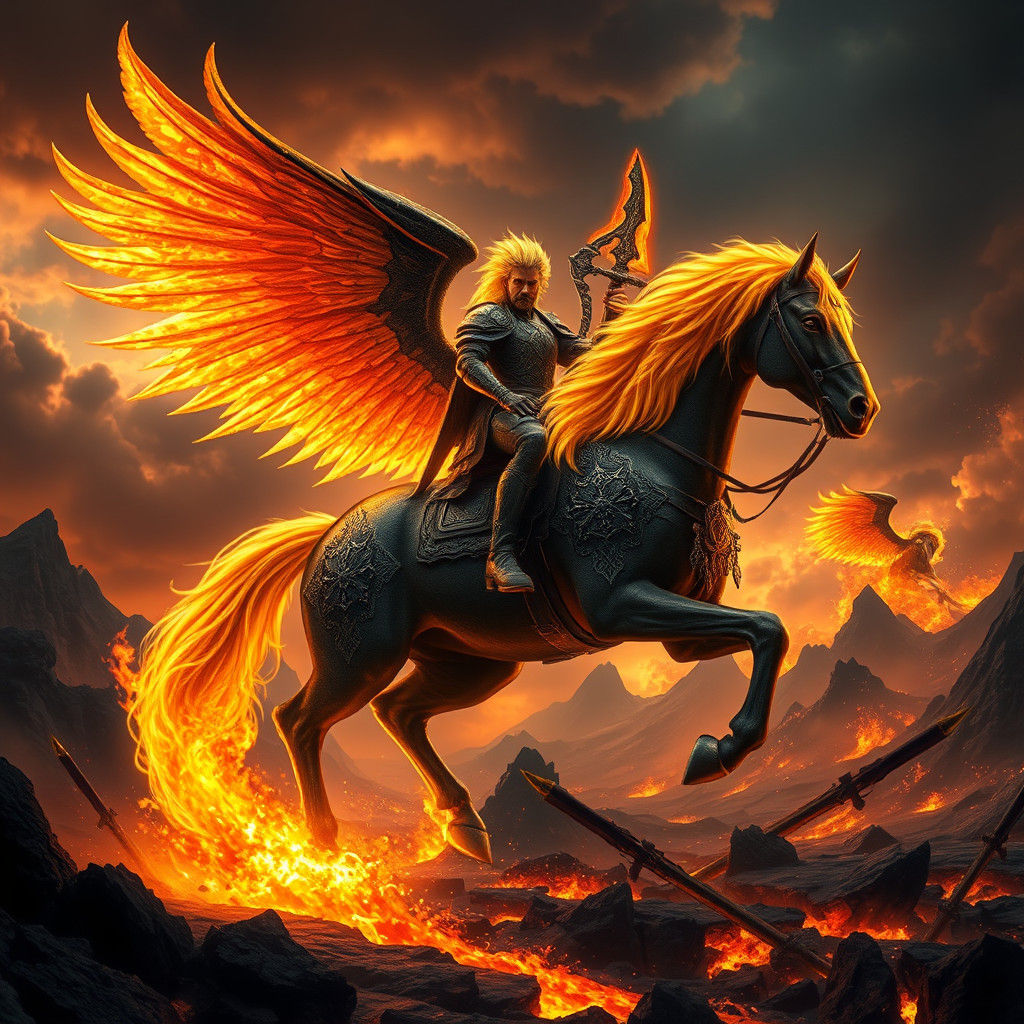 Ethereal Warhorse in Gothic Armor Amidst Lava Rivers