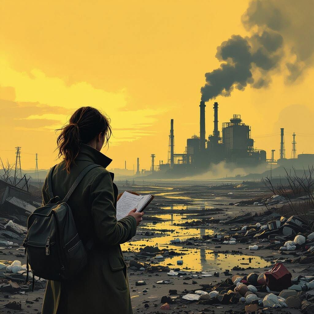Journalist in Polluted Wasteland Under Yellow Sky