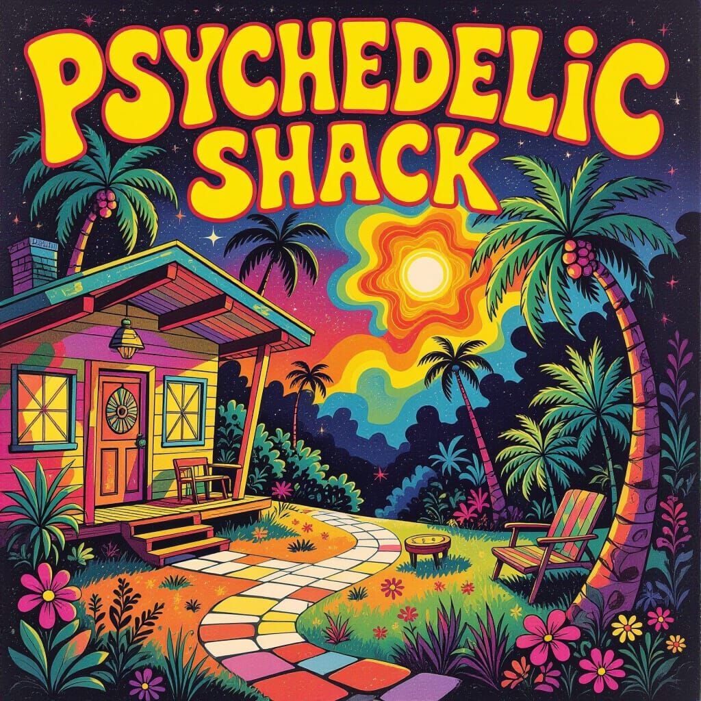 Vibrant 70s Psychedelic Art Shack in Guache Style
