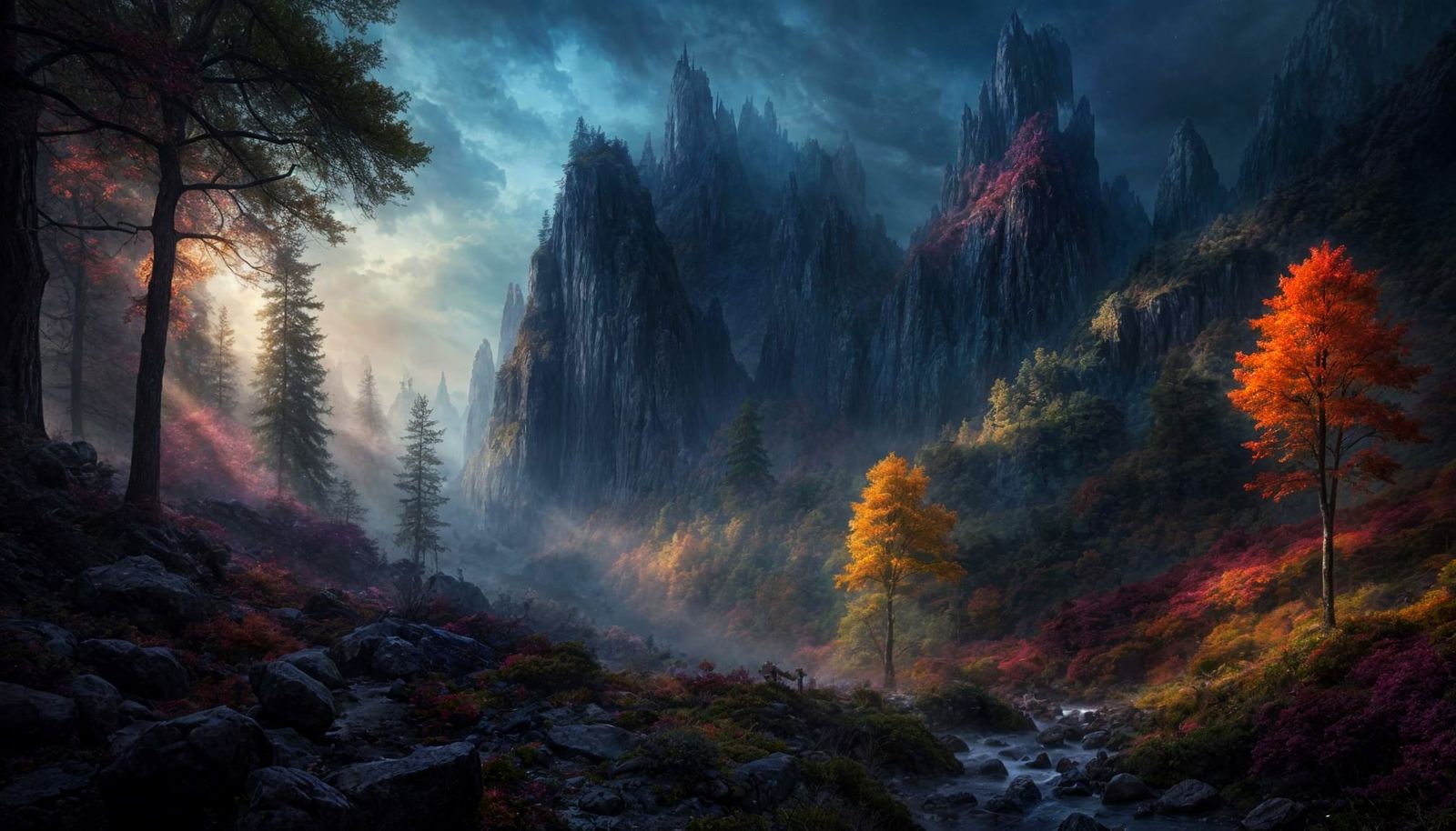 Magical Night Forest with Nebula Sky