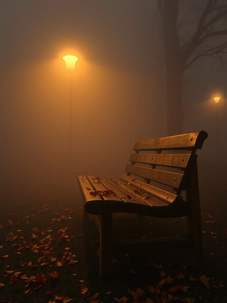 Surreal Foggy Landscape with Abandoned Bench