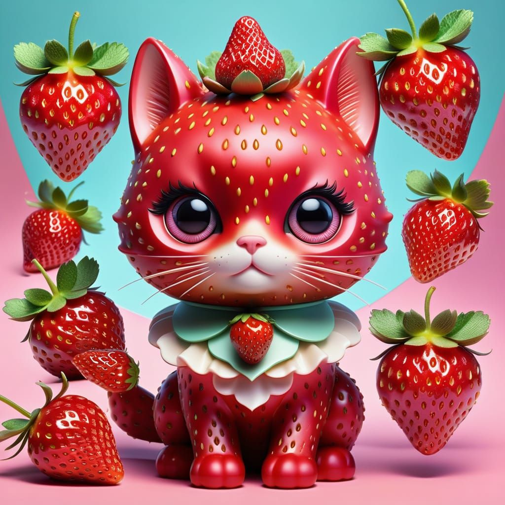 Whimsical Strawberry Cat in Vibrant Fantasy Landscape