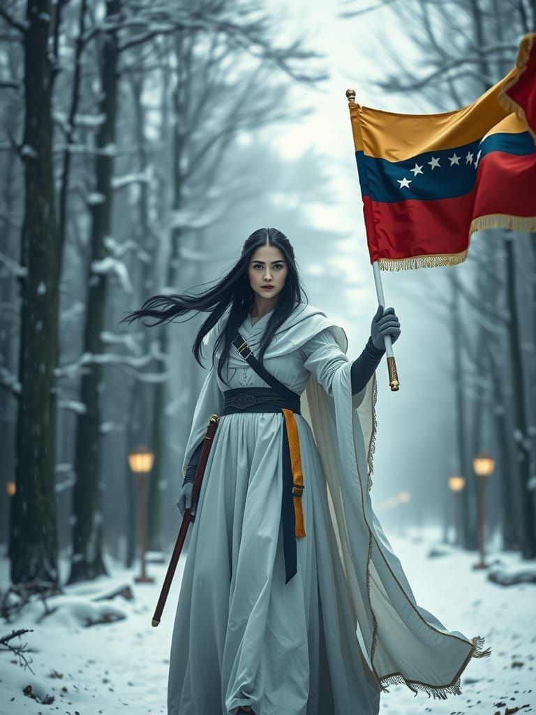 Venezuelan Warrior in Snowy Forest: Hyperrealistic Cinematic...