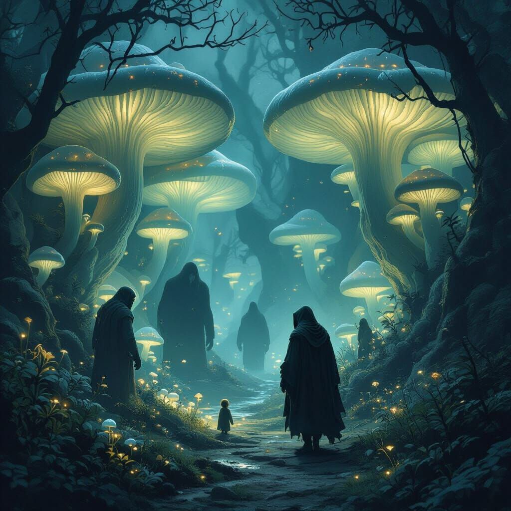 Dark Fantasy Grove with Bioluminescent Fungi and Gentle Gian...