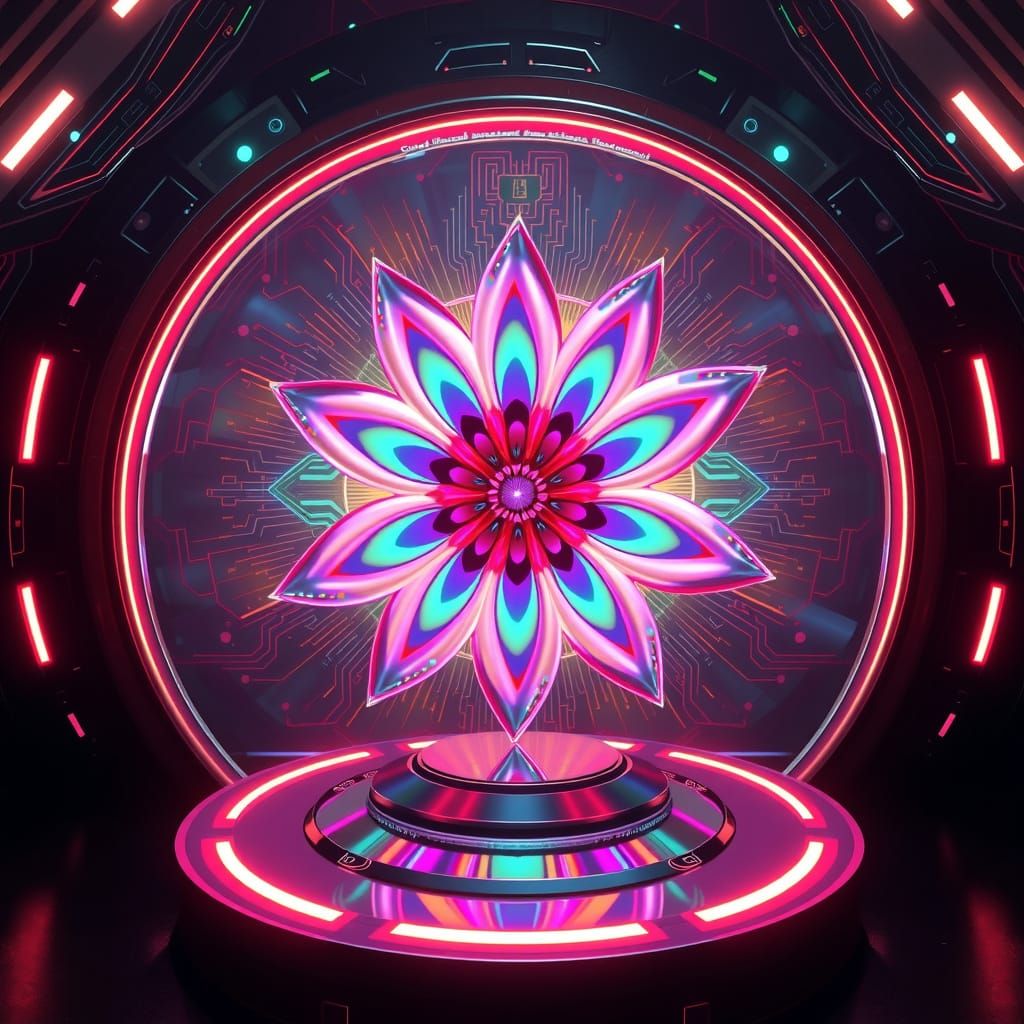 a trippy 3D fractal flower animation activated by sounds, irridescent, with a quantum realm techy background, insane det...