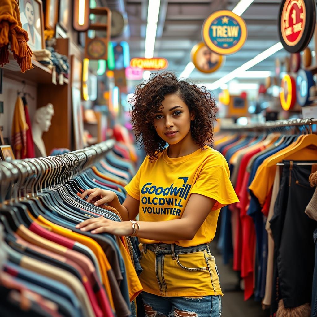 Young Woman in Goodwill Store, Blending Nostalgia and Futuri...