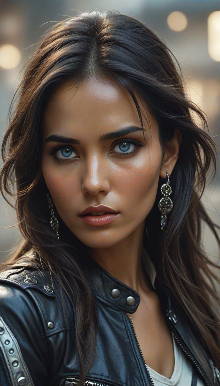 Eurasian Model in Garage, Hyper-Realistic Digital Art