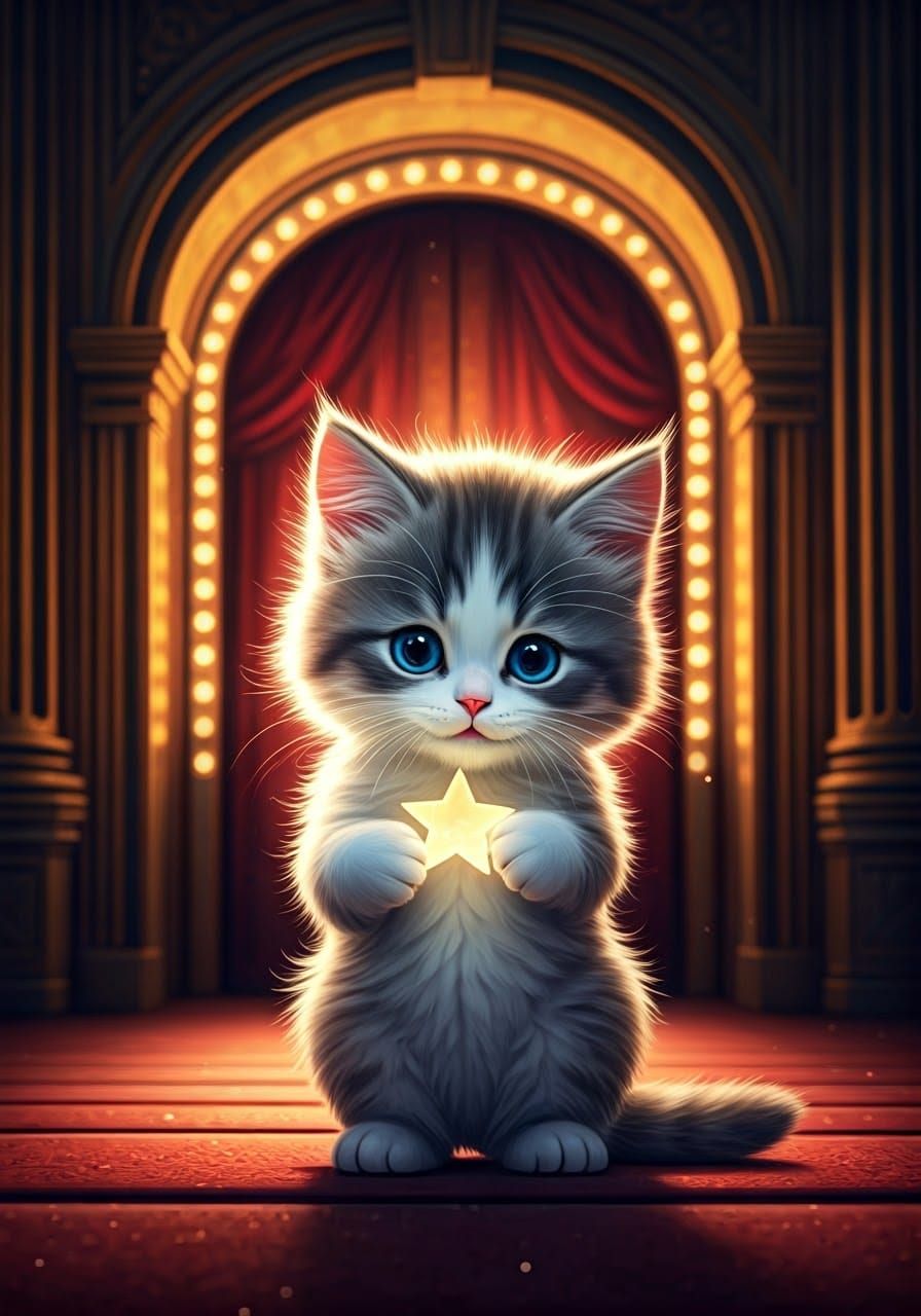 Whimsical Kitten at Theater Door in Dreamlike Setting