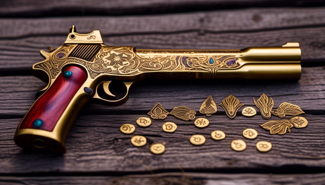Gold Peacemaker Pistol on Wooden Deck