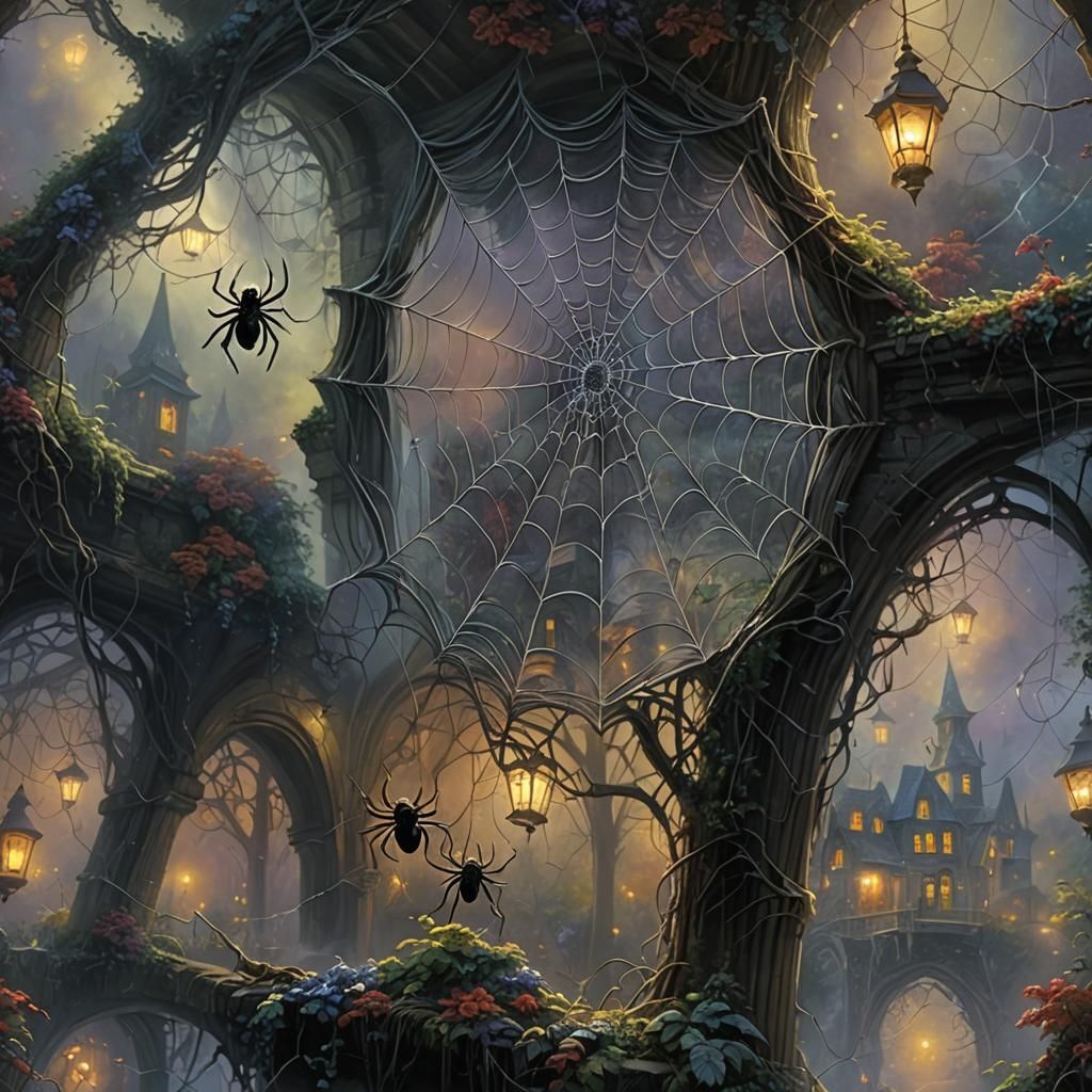 Ethereal Spider Web in a Thomas Kinkade Style