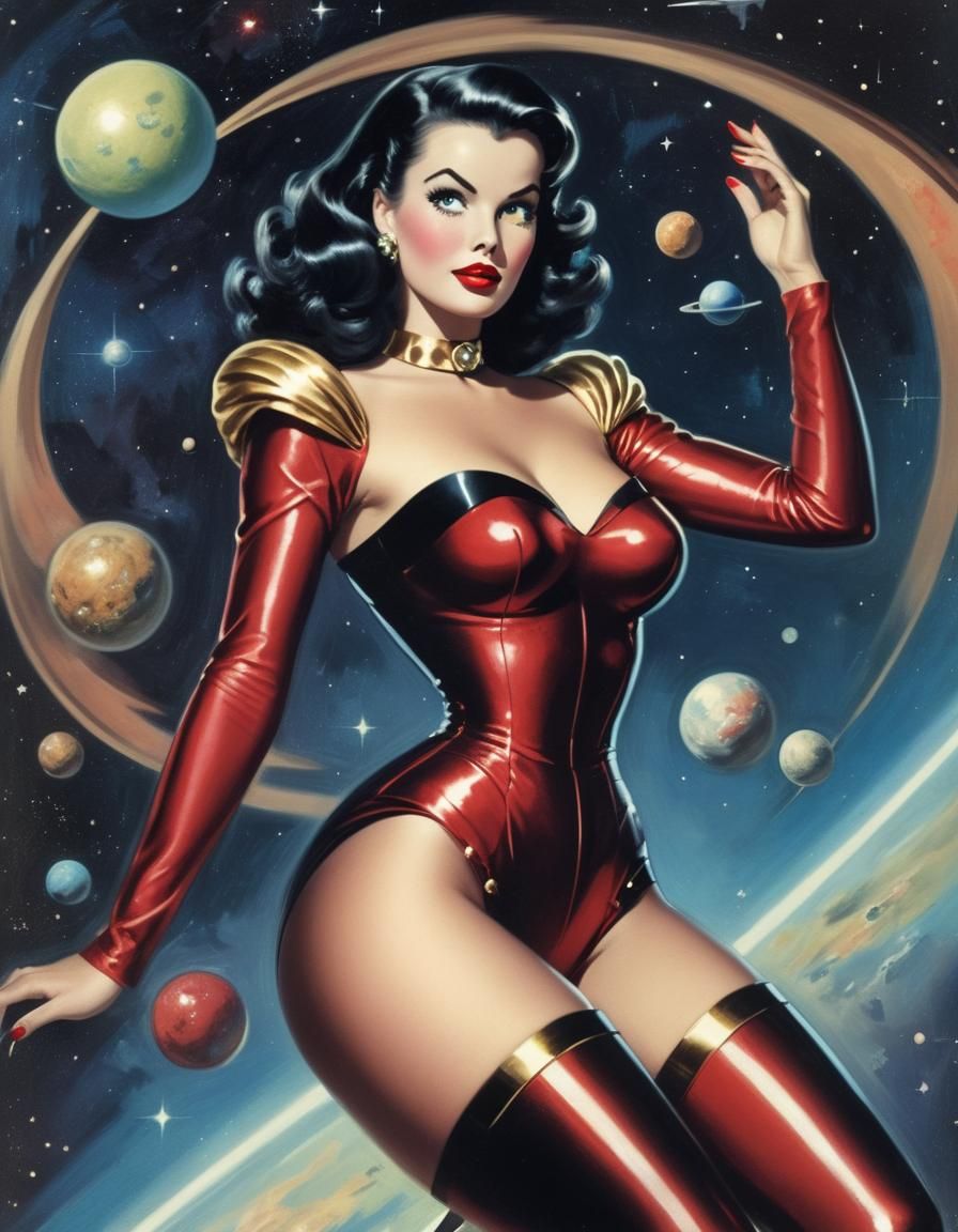 Retro Sci-Fi Space Woman in Watercolor Style