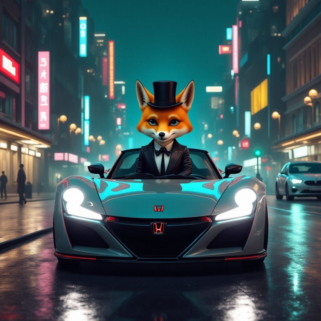 Surreal Futuristic Fox Cruises Rainy City Streets